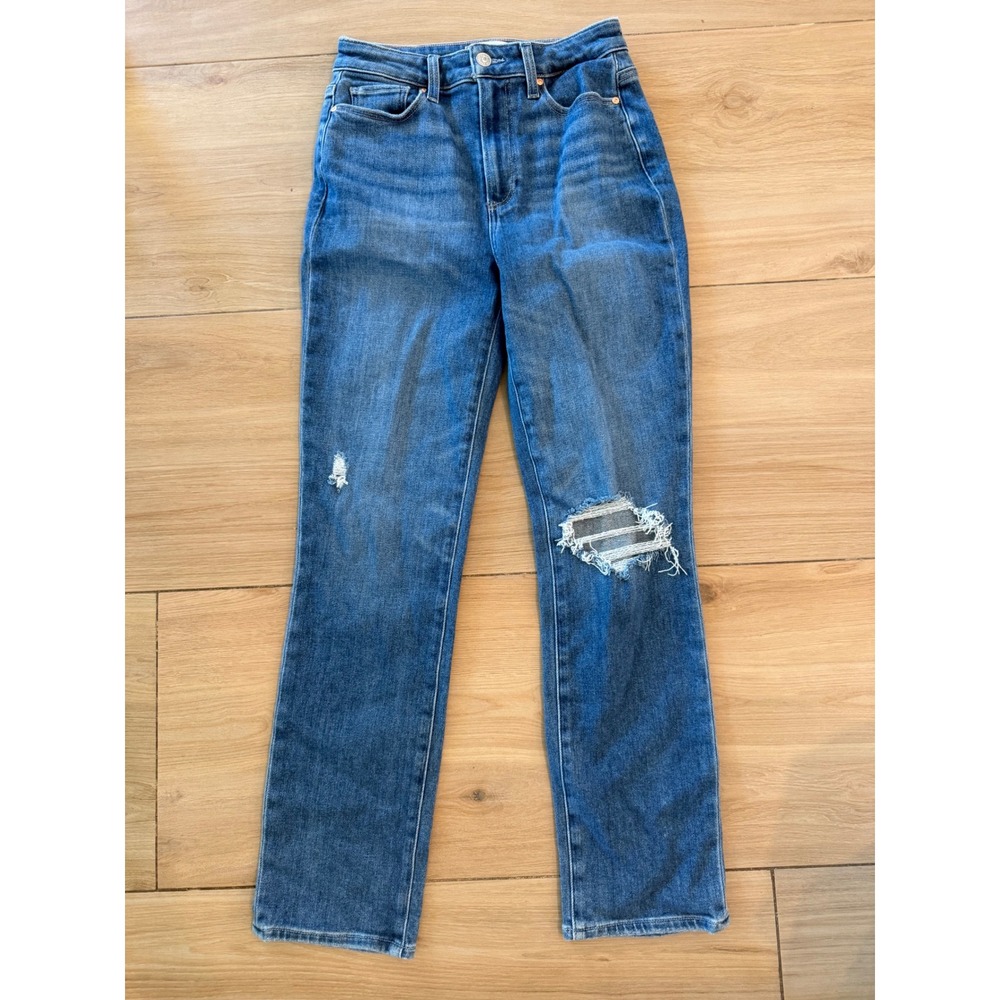 PAIGE Cindy High Rise Straight Leg Distressed Jeans Accent Wash Blue Denim 27